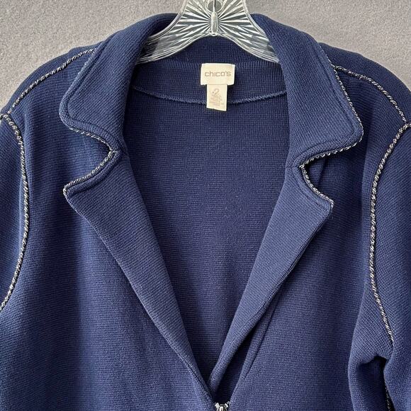 Chicos Navy Blue Double Knit Cardigan Blazer Sweater Chicos Size 2 / 12, Large - Picture 2 of 14